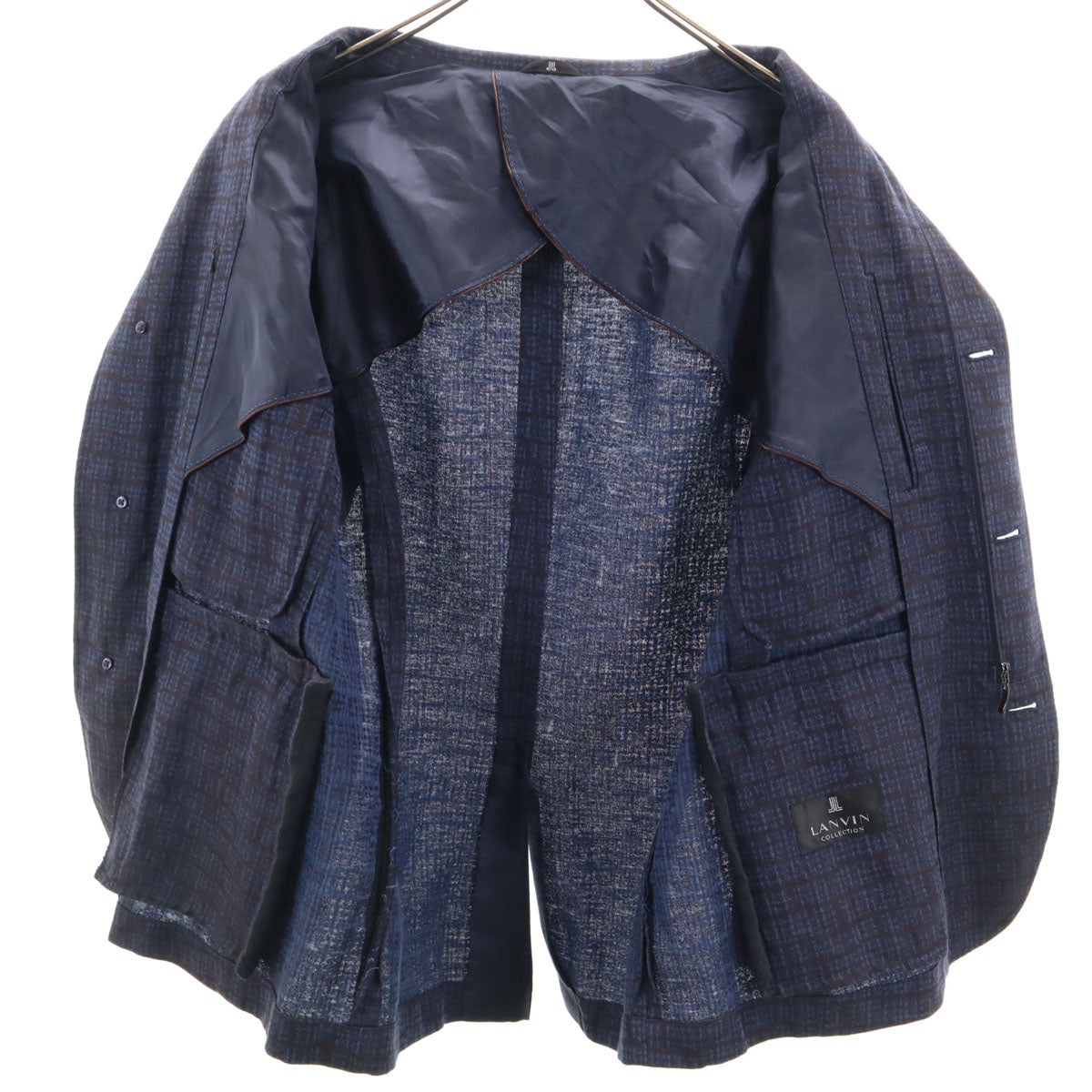 LANVIN LA COLLECTION ランバンコレクション 日本製 リネンブレンド チェック柄 ジャケット 48 ネイビー系 メンズ