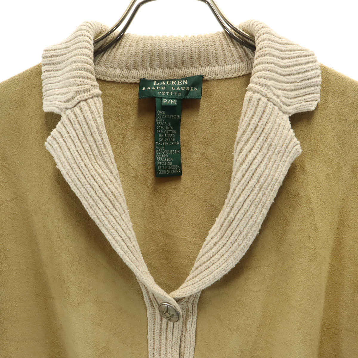 RALPH LAUREN PETITE ラルフローレン ペティート シルク リネンブレンド フェイクスエード切替 ニットジャケット P/M ベージュ レディース