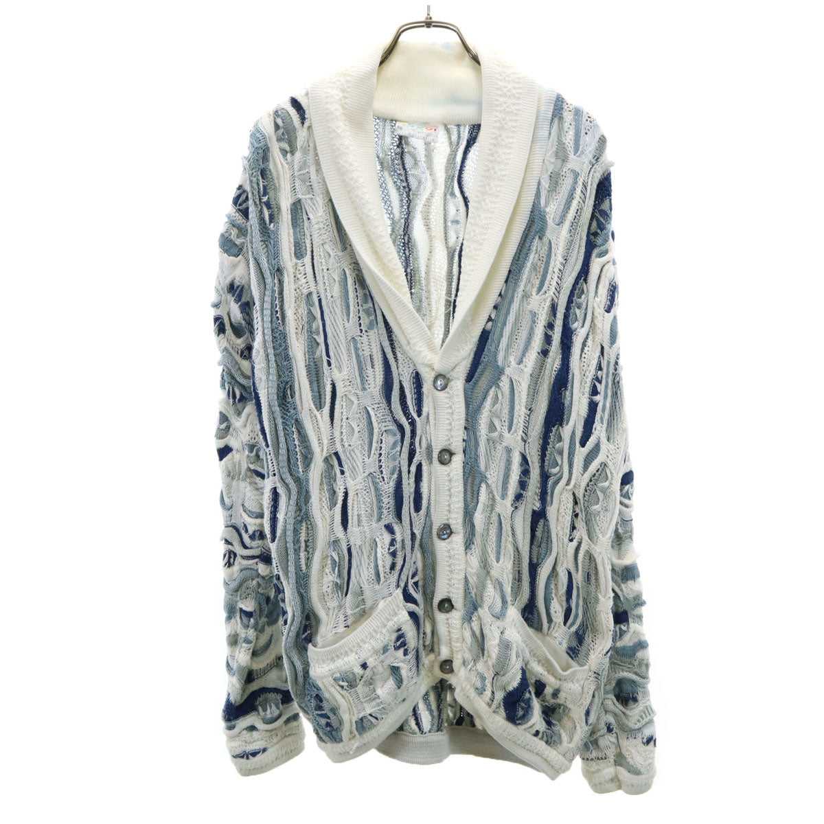 COOGI クージー 90s オーストラリア製 オールド 総柄 長袖 ショールカラー 3D ニットカーディガン SS ホワイト メンズ