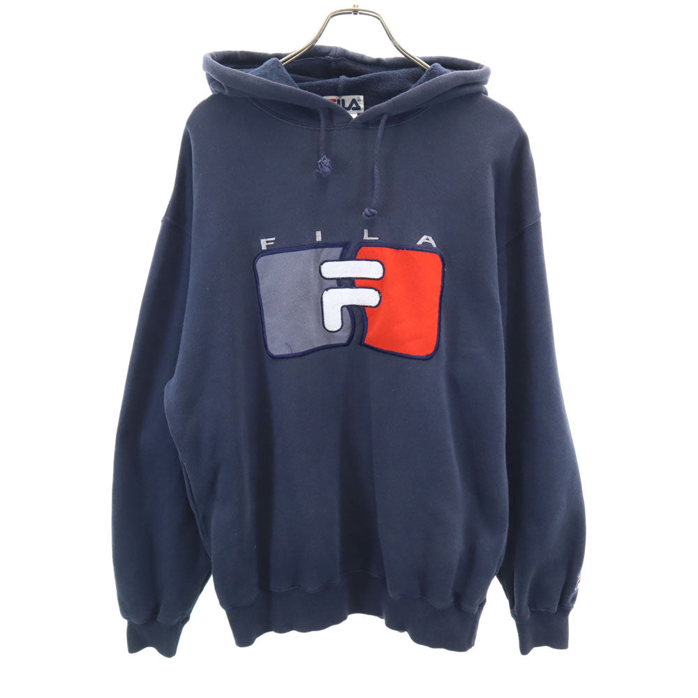 FILA フィラ 90s オールド ロゴ刺繍 長袖 スウェットパーカー S ネイビー メンズ