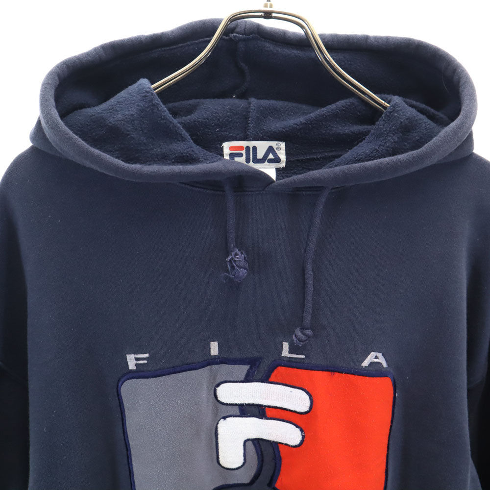FILA フィラ 90s オールド ロゴ刺繍 長袖 スウェットパーカー S ネイビー メンズ