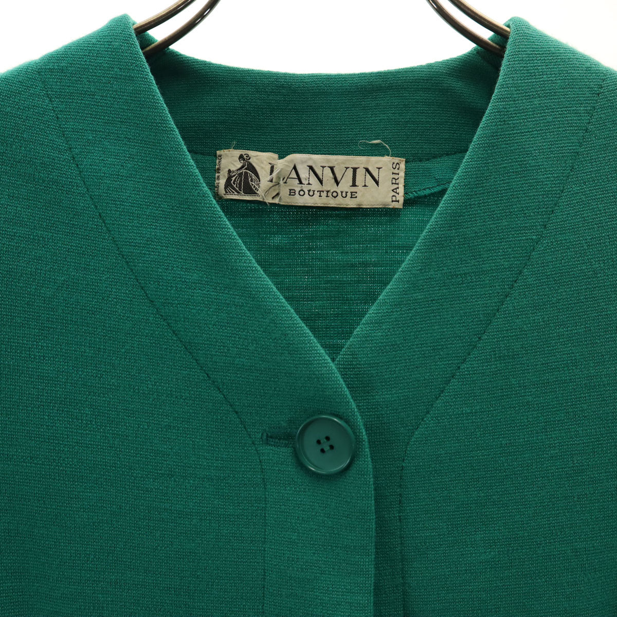 LANVIN BOUTIQUE ランバン ブティック 80s フランス製 ヴィンテージ ノーカラージャケット 38 グリーン レディース