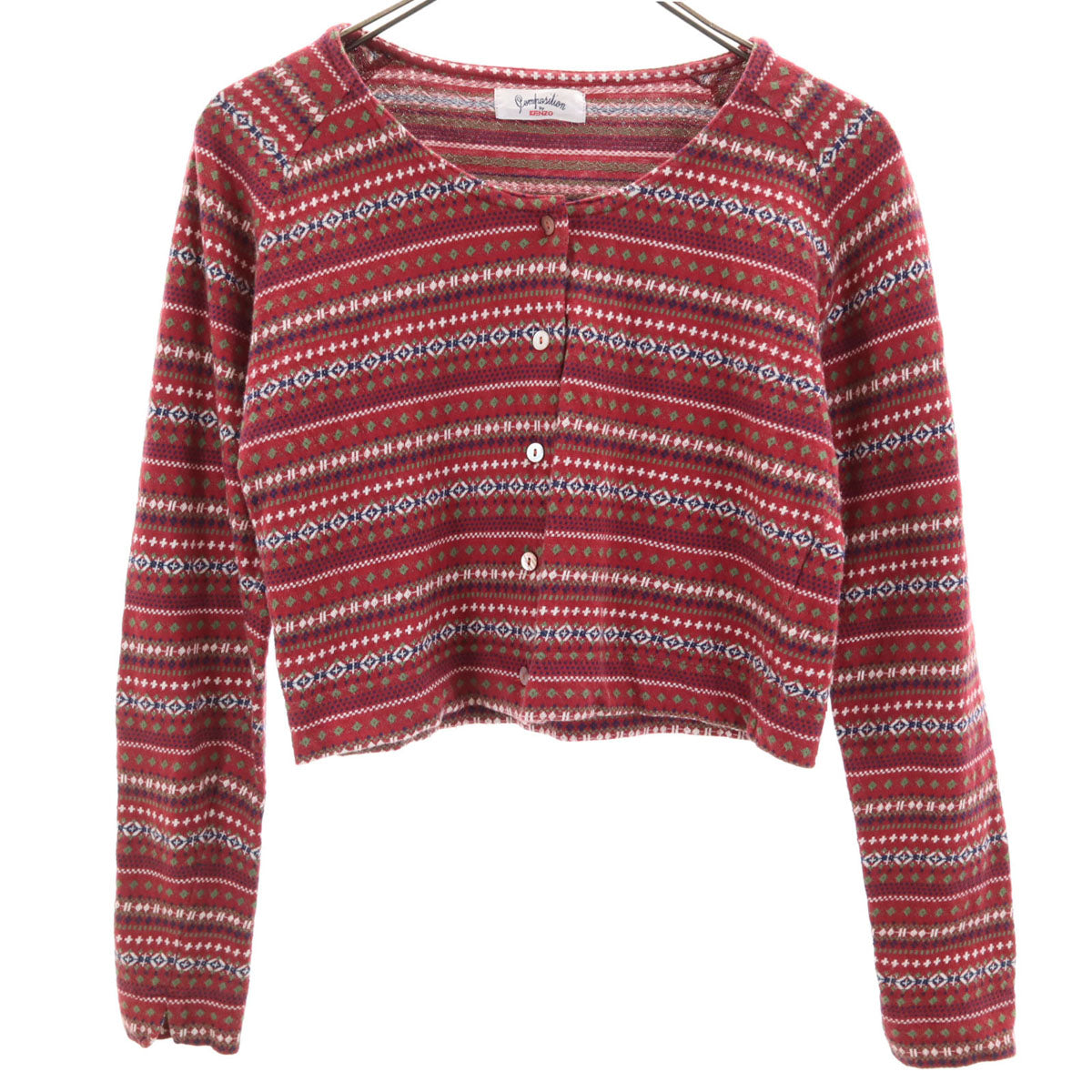 COMPOSITION by KENZO コンポジションバイケンゾー 90s オールド 総柄 長袖 ショート丈 カーディガン 38 レッド系 レディース