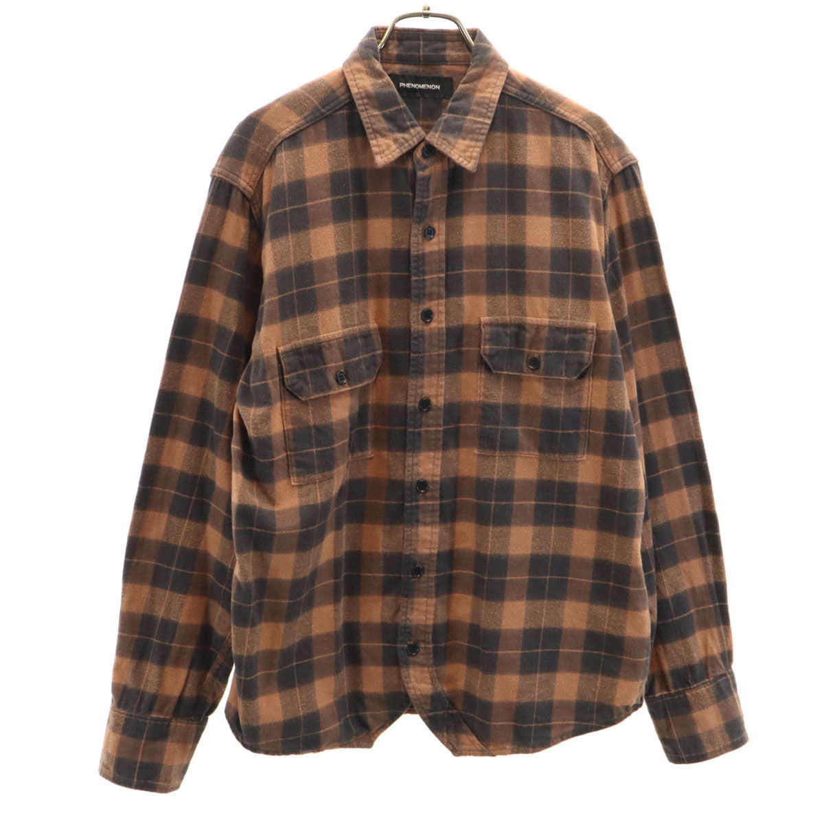 PHENOMENON フェノメノン 日本製 チェック柄 長袖 コットンシャツ L オレンジ系 メンズ