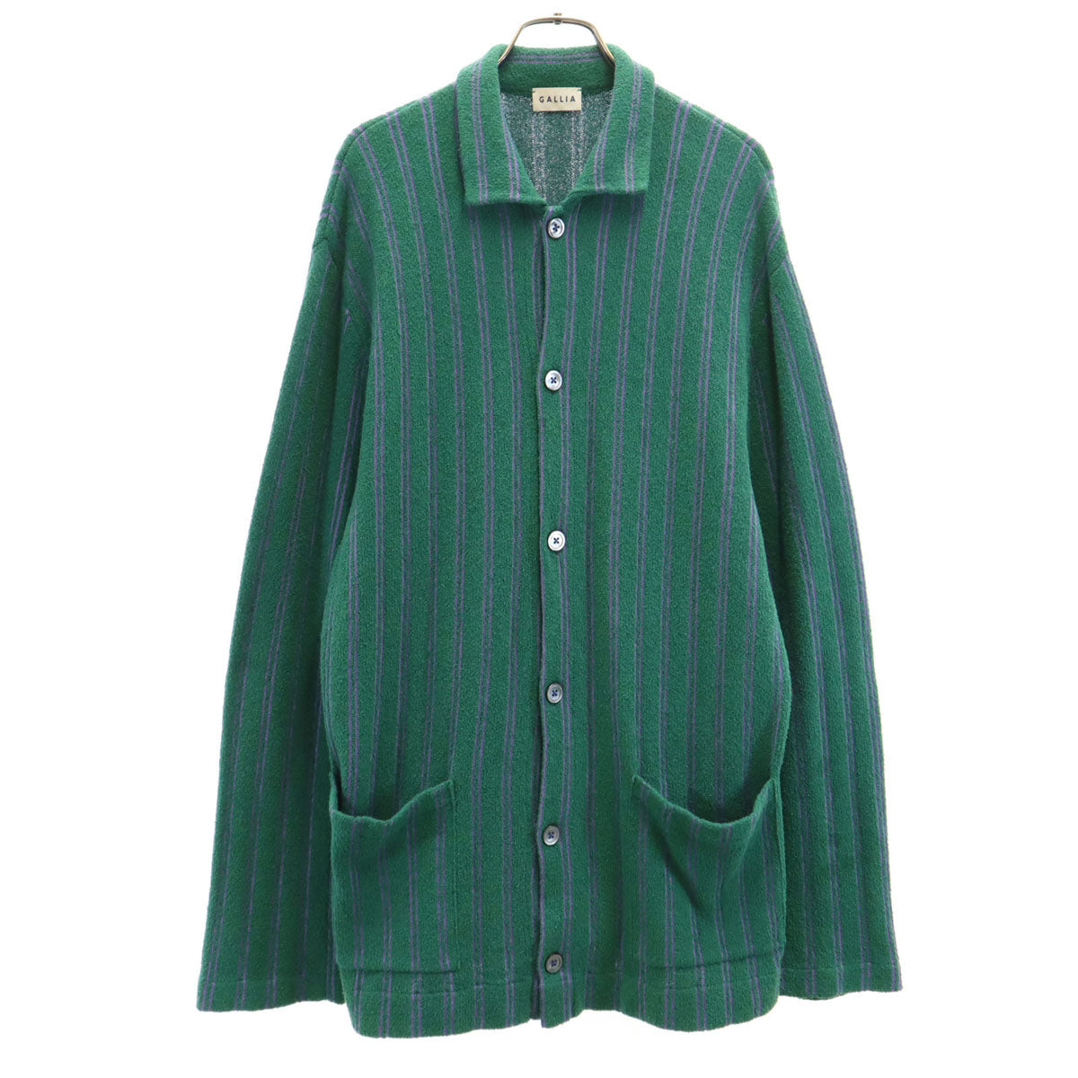 GALLIA ガッリア イタリア製 ストライプ柄 長袖 パイル地 カーディガン 54 グリーン ビッグサイズ メンズ