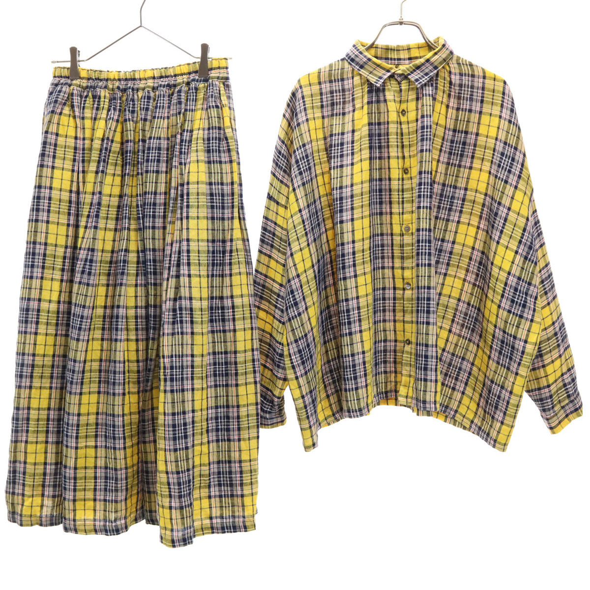 ICHI Antiquite's イチアンティークス 日本製 タータンチェック柄 長袖 リネンシャツ 上下 セットアップ イエロー レディース