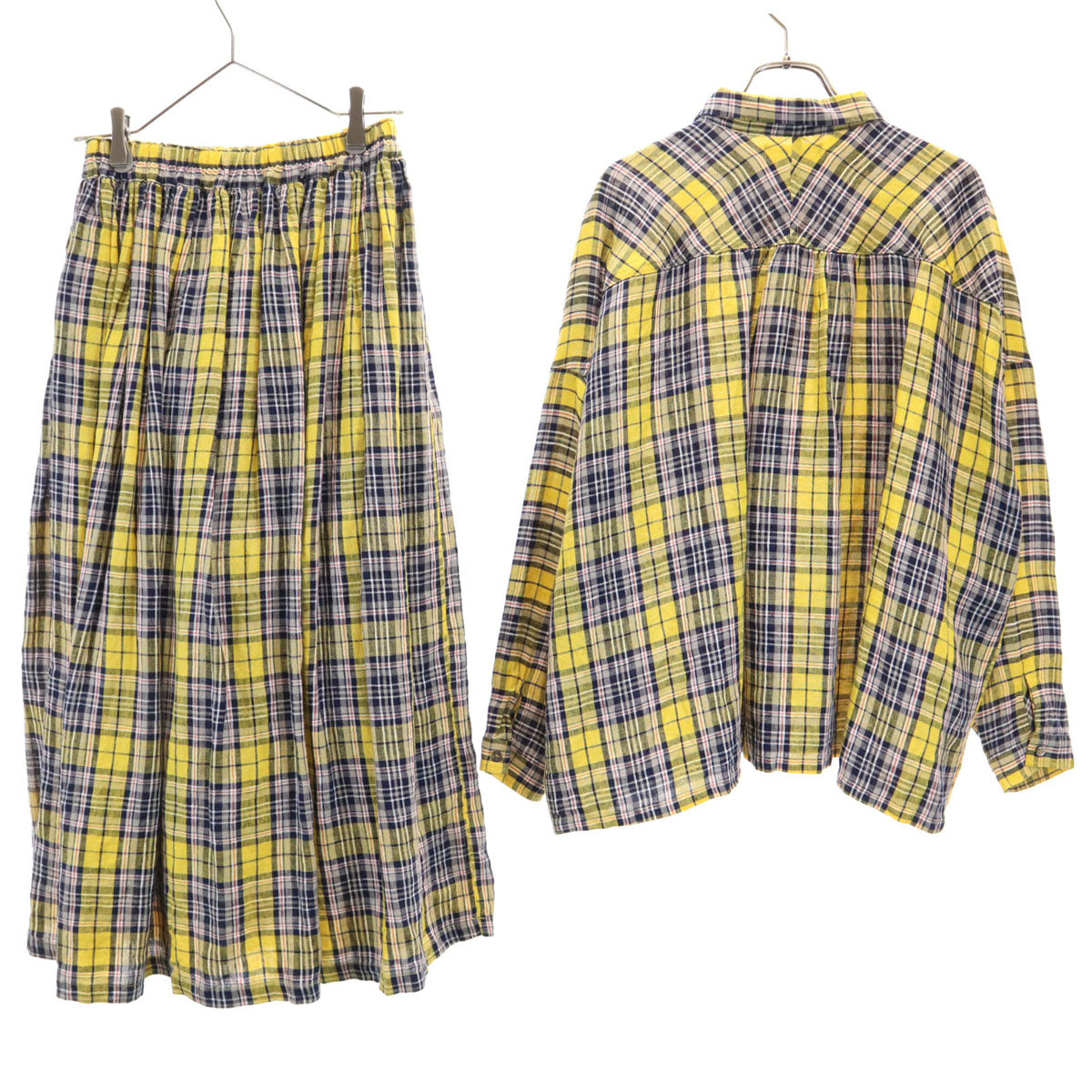 ICHI Antiquite's イチアンティークス 日本製 タータンチェック柄 長袖 リネンシャツ 上下 セットアップ イエロー レディース