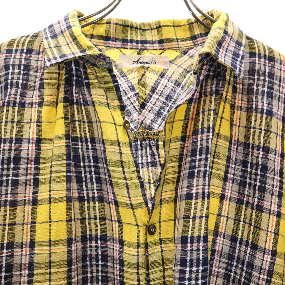 ICHI Antiquite's イチアンティークス 日本製 タータンチェック柄 長袖 リネンシャツ 上下 セットアップ イエロー レディース
