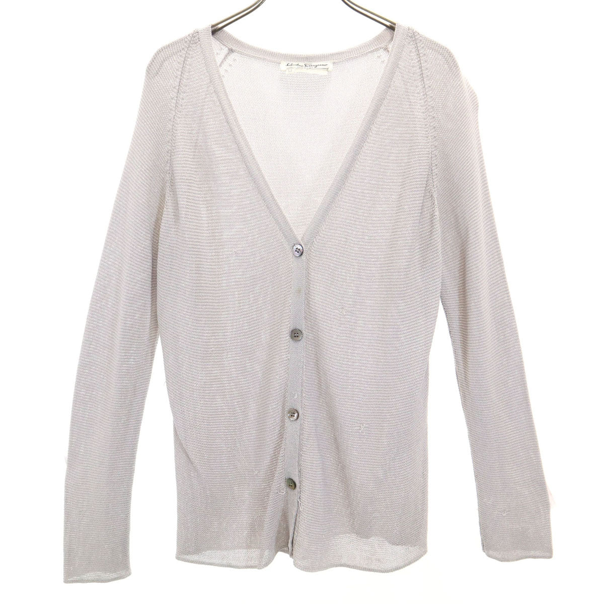 Salvatore Ferragamo サルヴァトーレフェラガモ 90s イタリア製 シルク オールド 長袖 Vネック ニットカーディガン M グレー レディース