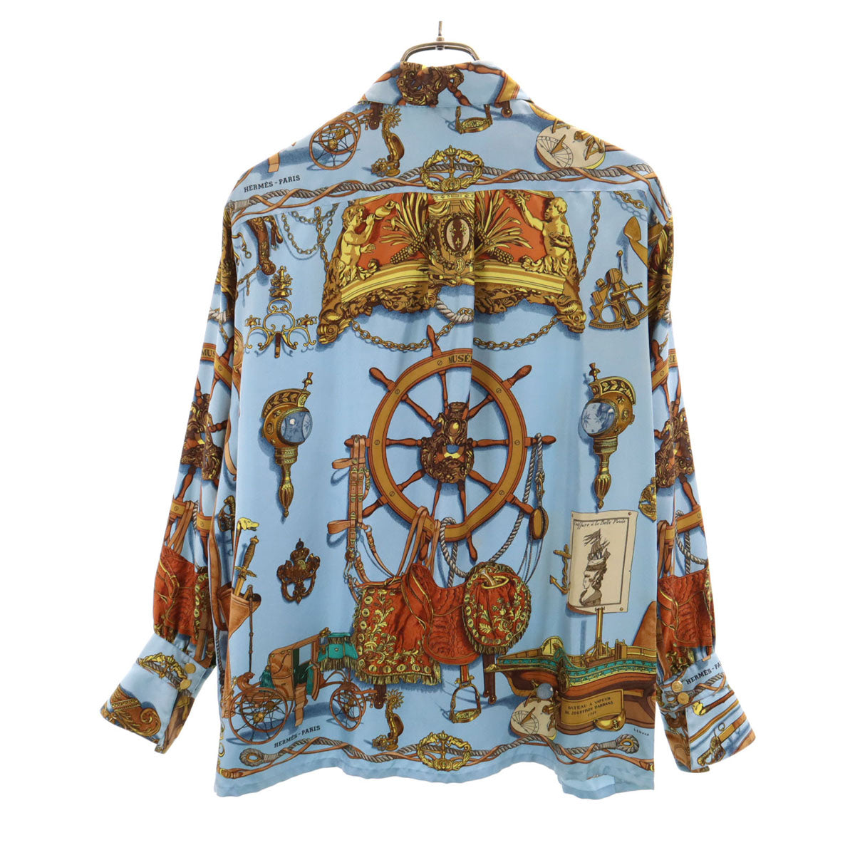 HERMES エルメス フランス製 シルク 総柄 長袖 シャツ 40 水色 レディース