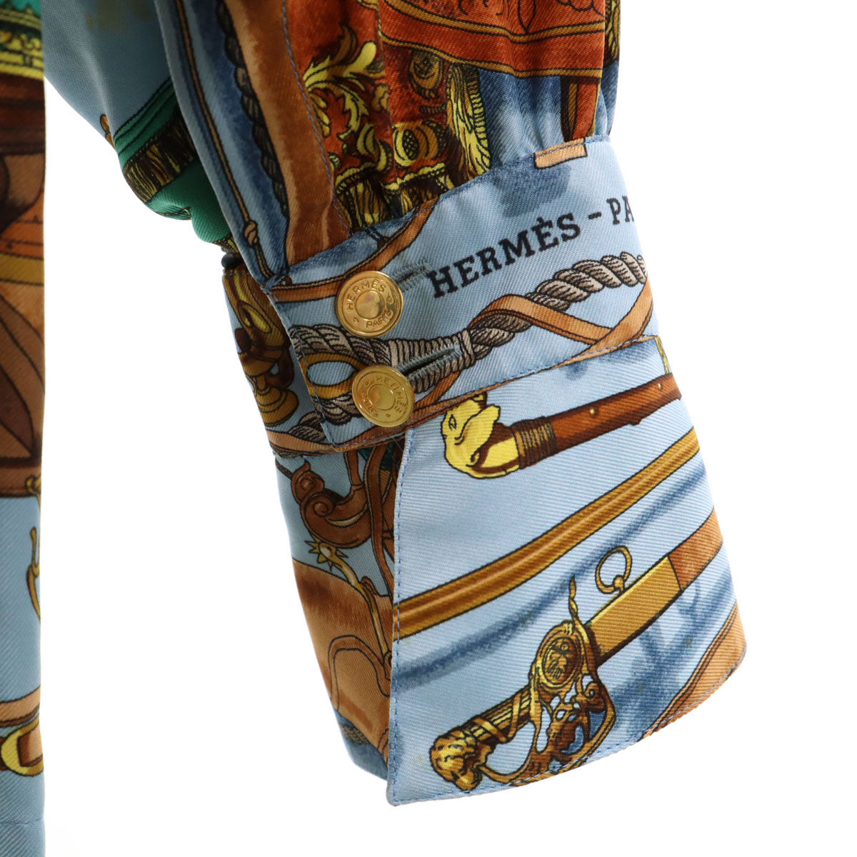 HERMES エルメス フランス製 シルク 総柄 長袖 シャツ 40 水色 レディース