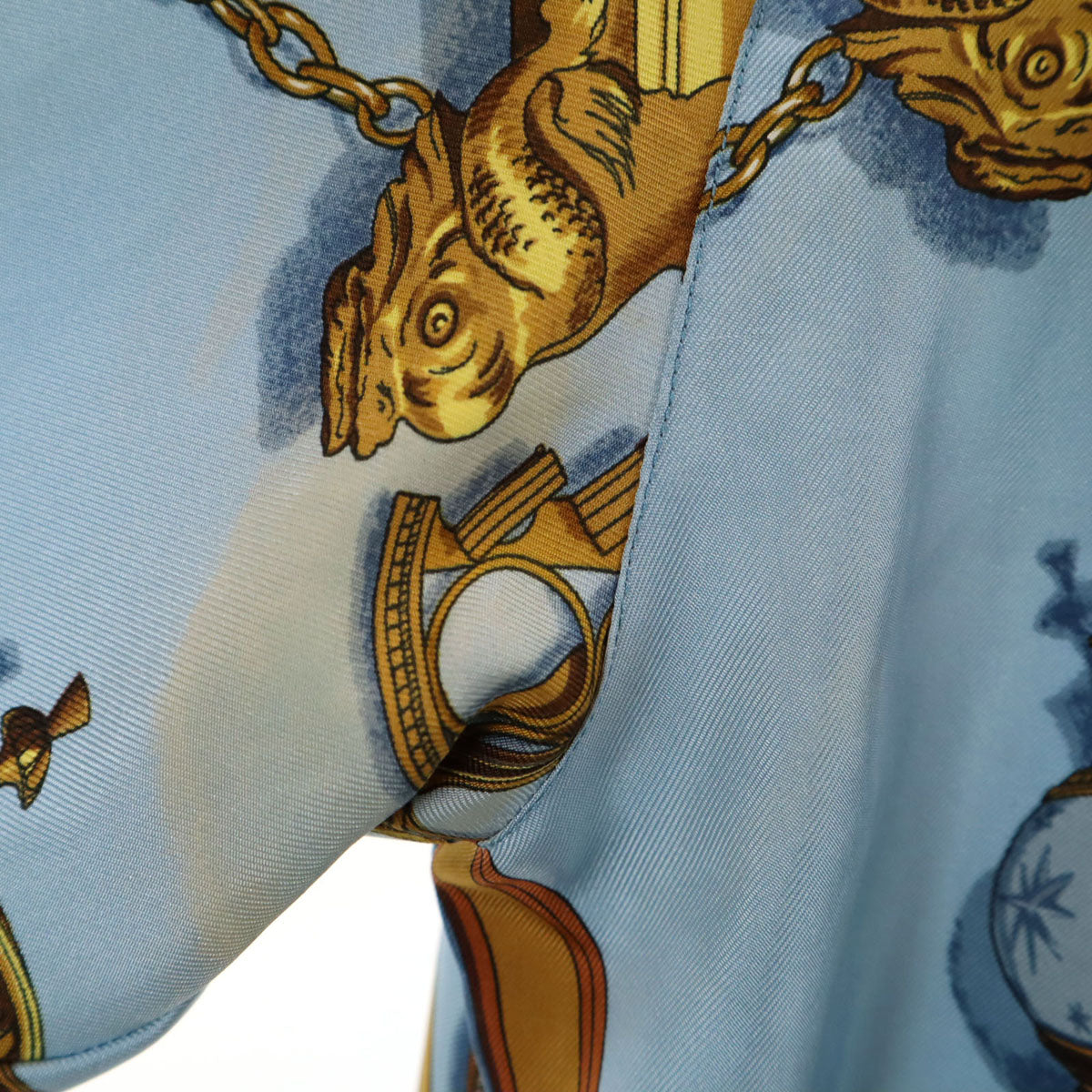 HERMES エルメス フランス製 シルク 総柄 長袖 シャツ 40 水色 レディース