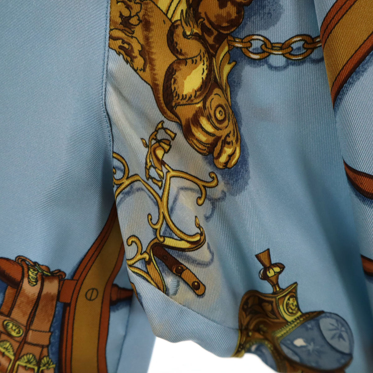 HERMES エルメス フランス製 シルク 総柄 長袖 シャツ 40 水色 レディース