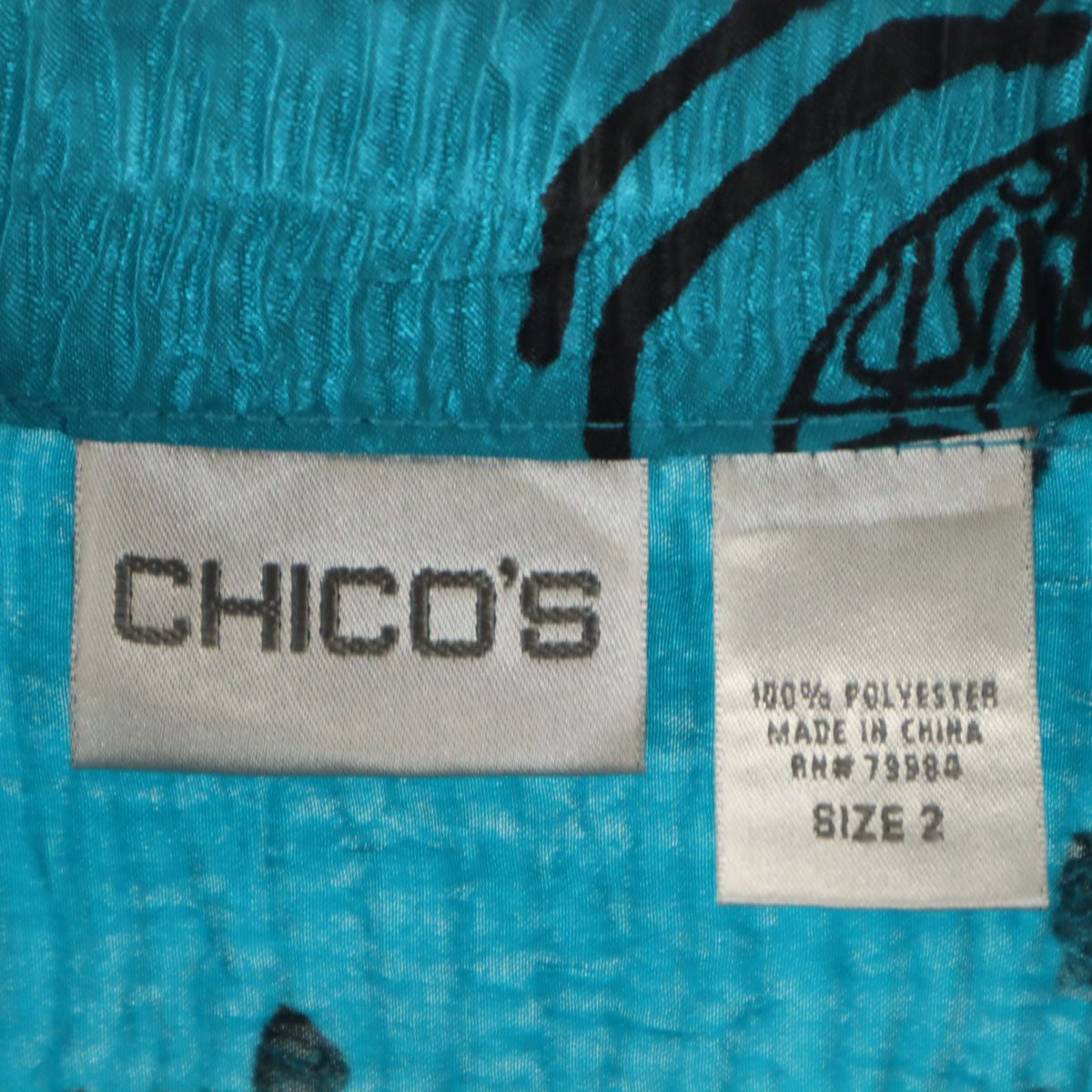 CHICO'S チコズ 漢字柄 長袖 プリーツ シャツ 2 水色 レディース