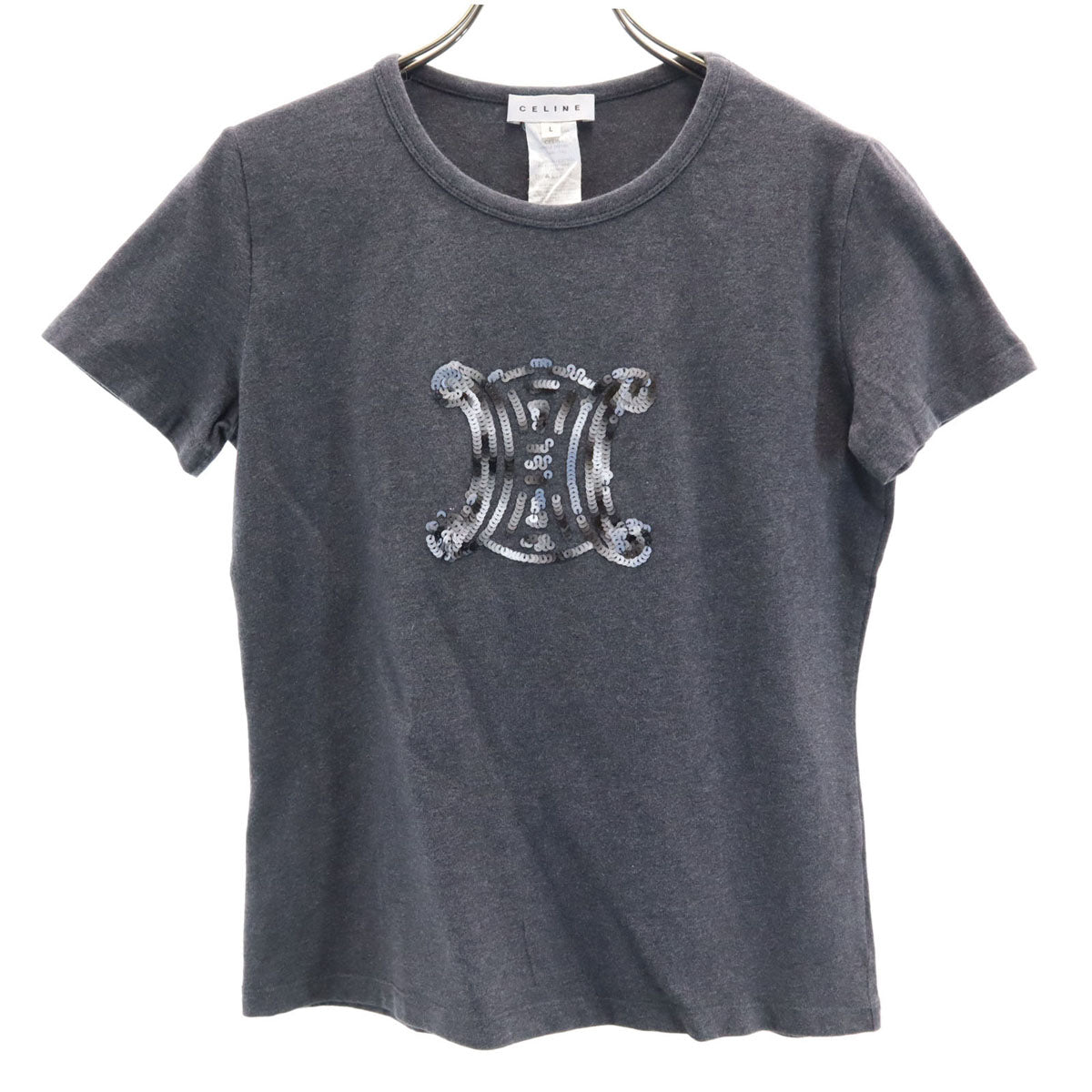 CELINE セリーヌ ポルトガル製 スパンコールロゴ 半袖 Tシャツ L チャコールグレー レディース