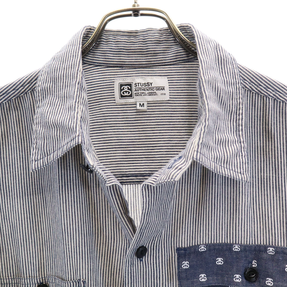 STUSSY ステューシー リネンブレンド ヒッコリーストライプ 長袖 シャツ M ネイビー メンズ