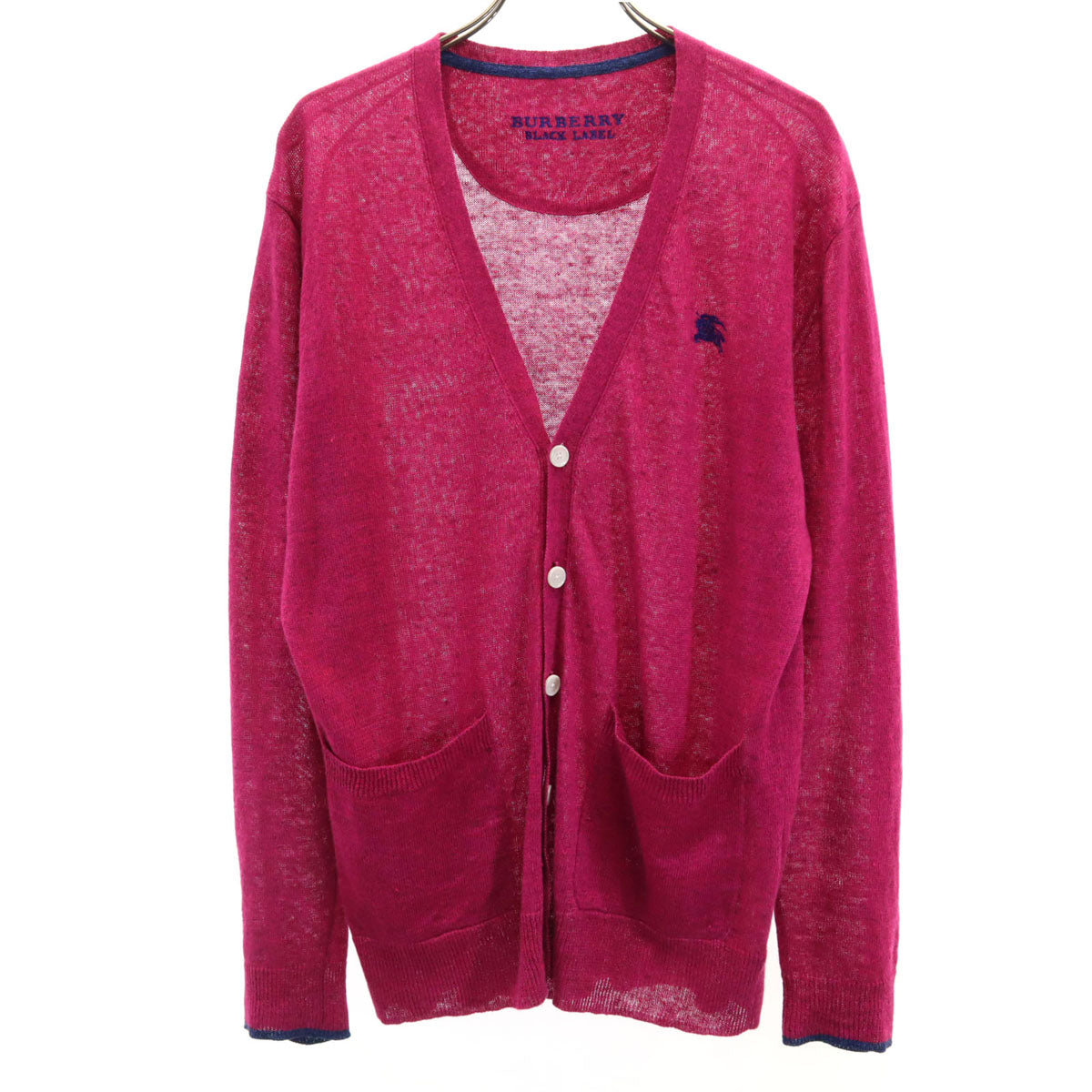 BURBERRY BLACK LABEL バーバリーブラックレーベル リネン 長袖 Vネック ニットカーディガン 2 マゼンタ 三陽商会 メンズ