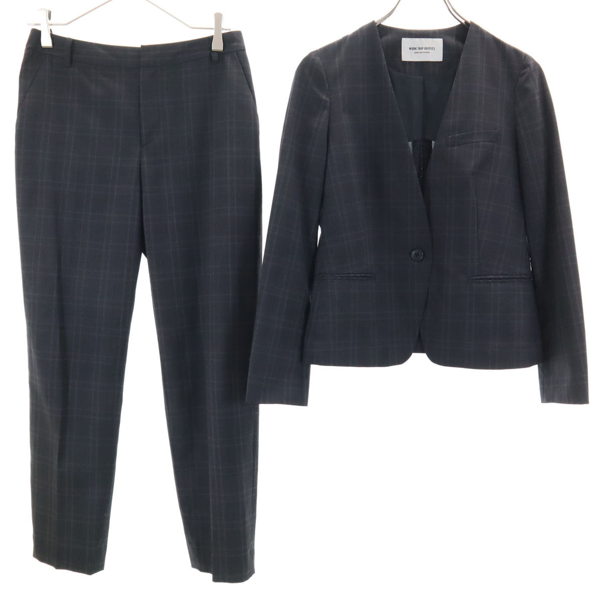 WORK TRIP OUTFITS ワークトリップアウトフィッツ GREEN LABEL RELAXING チェック オープンカラー パンツスーツ 上下 セットアップ M チャコールグレー レディース