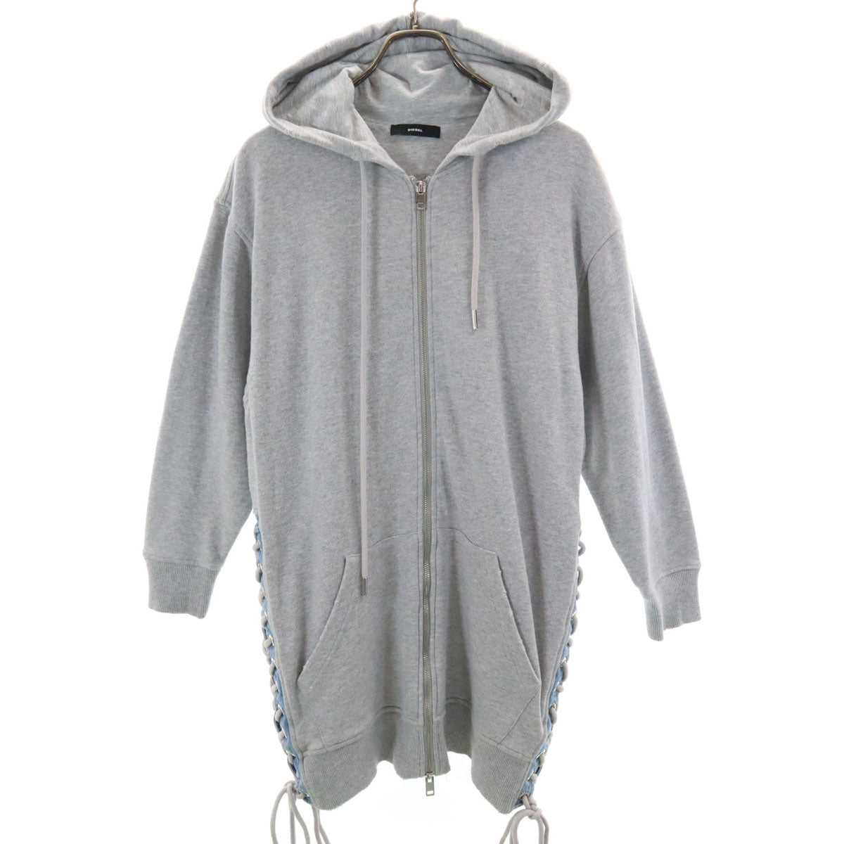 DIESEL ディーゼル 長袖 ダメージ加工 サイドレースアップ デニム切替 ジップパーカー XXS グレー レディース