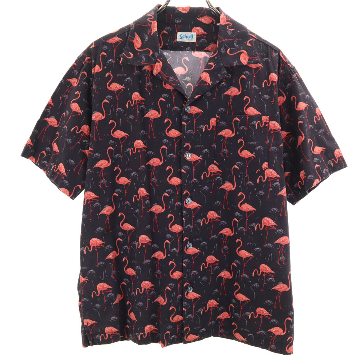 schott ショット N.Y.C. フラミンゴ柄 半袖 オープンカラー シャツ M ブラック系 メンズ