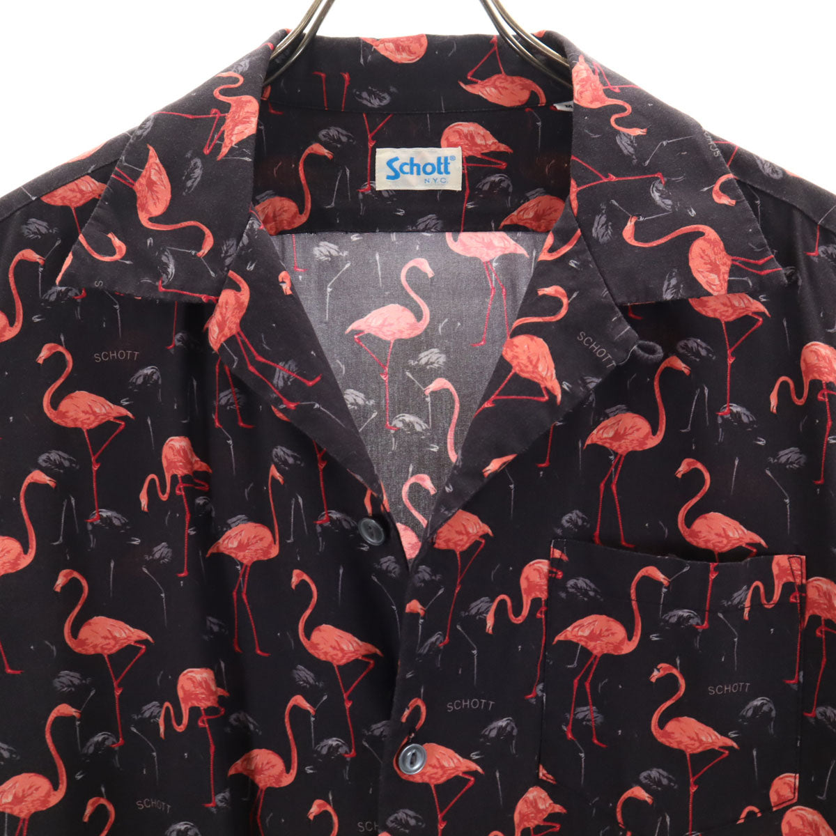 schott ショット N.Y.C. フラミンゴ柄 半袖 オープンカラー シャツ M ブラック系 メンズ