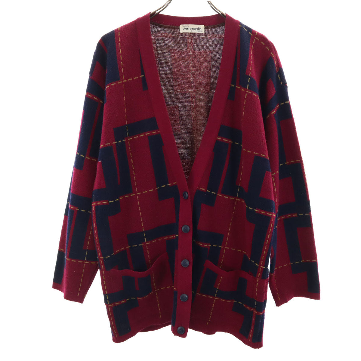 Pierre Cardin ピエールカルダン 90s オールド チェック柄 長袖 カーディガン L レッド系 メンズ