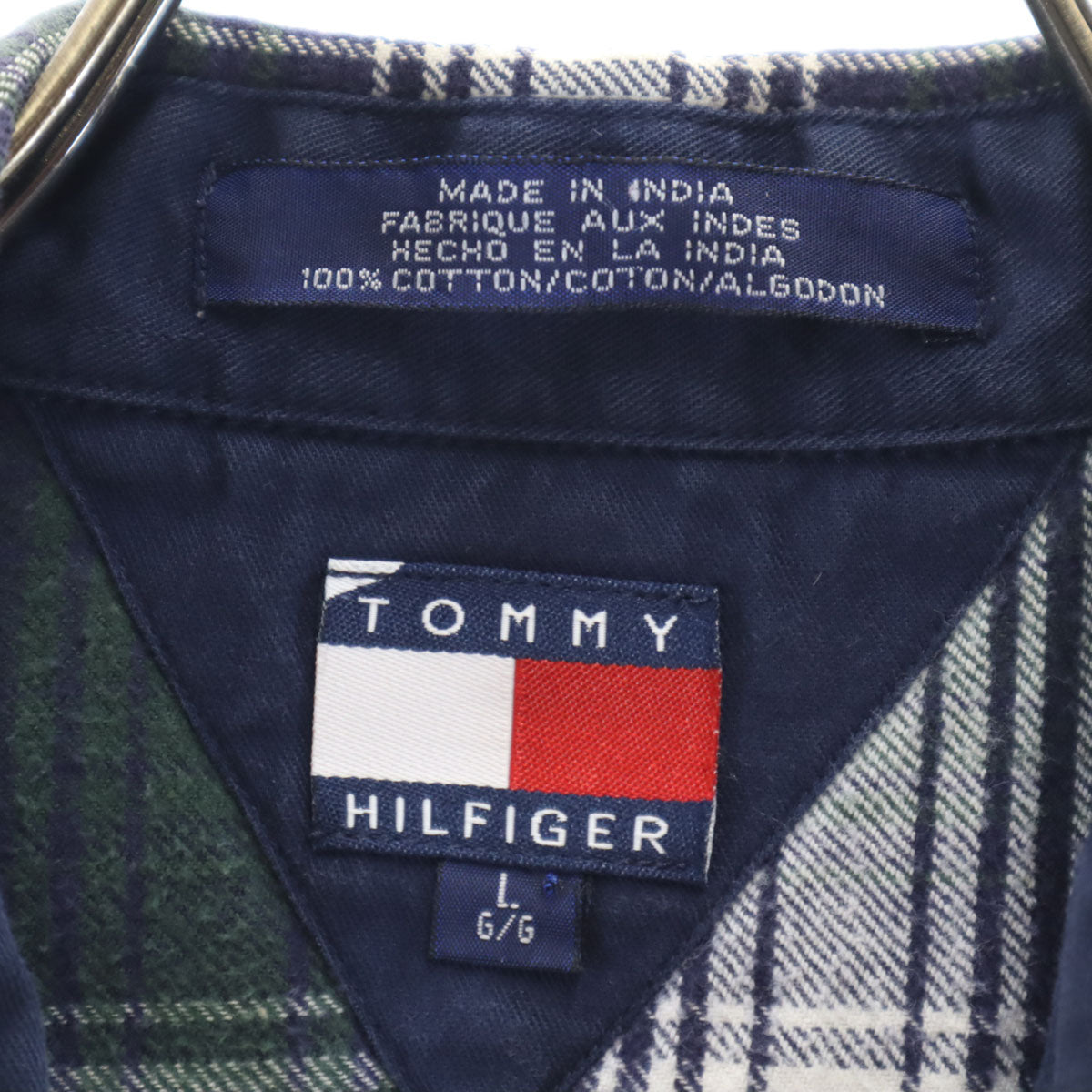 TOMMY HILFIGER トミーヒルフィガー 90s オールド フラッグタグ チェック柄 長袖 コットンネル ボタンダウンシャツ L ネイビー メンズ