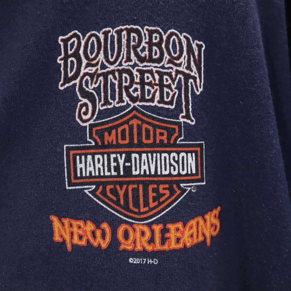 HARLEY DAVIDSON ハーレーダビッドソン バックプリント BOURBON STREET 半袖 Tシャツ XL ネイビー メンズ