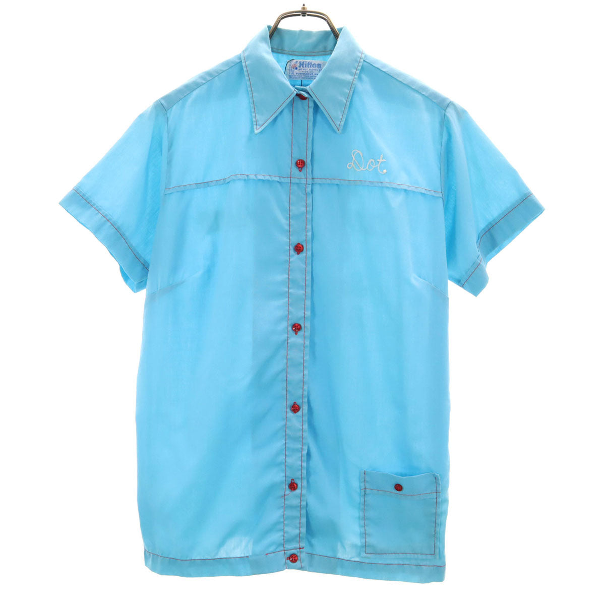Hilton ヒルトン 70s USA製 ヴィンテージ チェーン刺繍 半袖 ボウリングシャツ 36 水色 レディース
