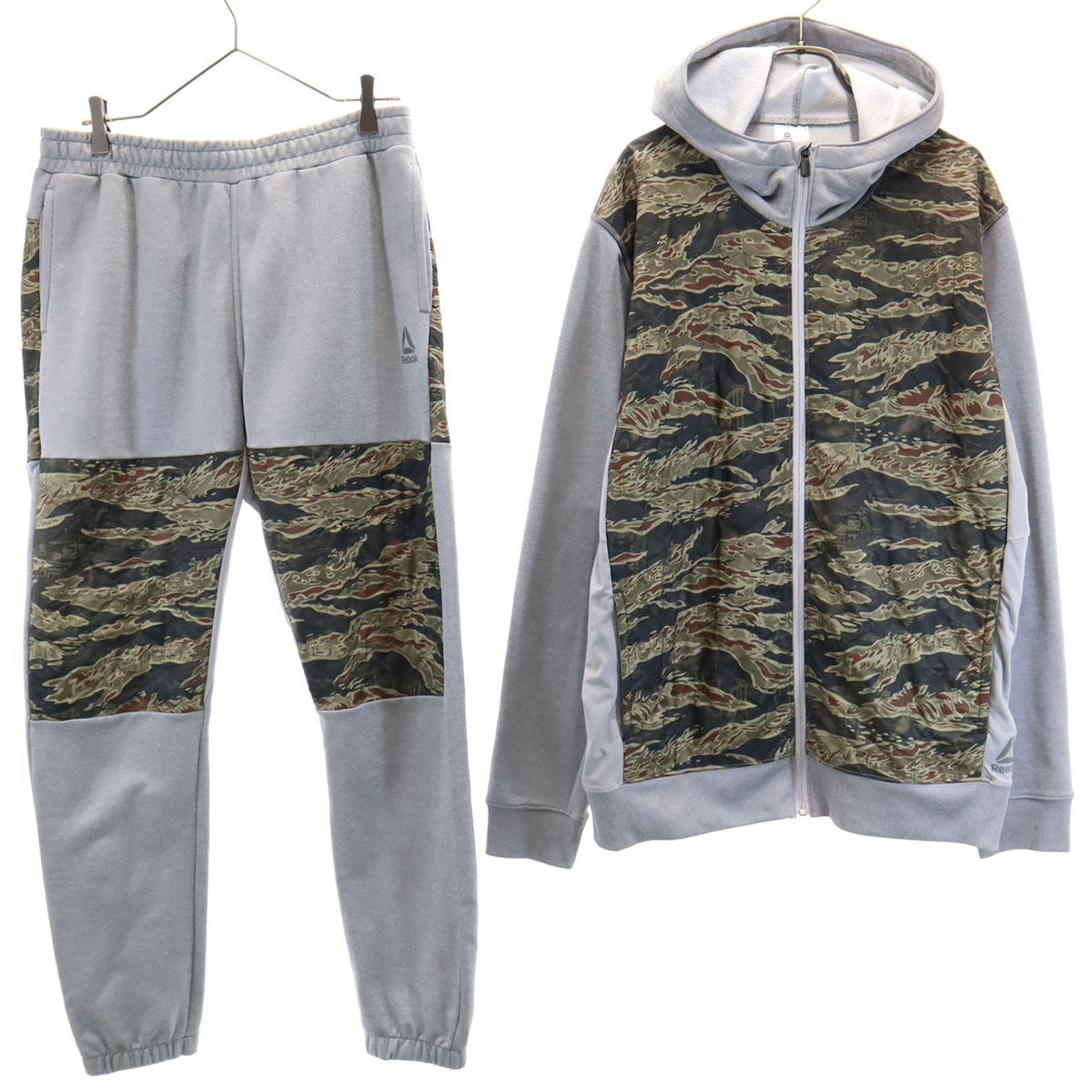 Reebok リーボック 迷彩柄 長袖 スピードウィック スウェットパーカー 上下 セットアップ 2XO グレー ビッグサイズ メンズ
