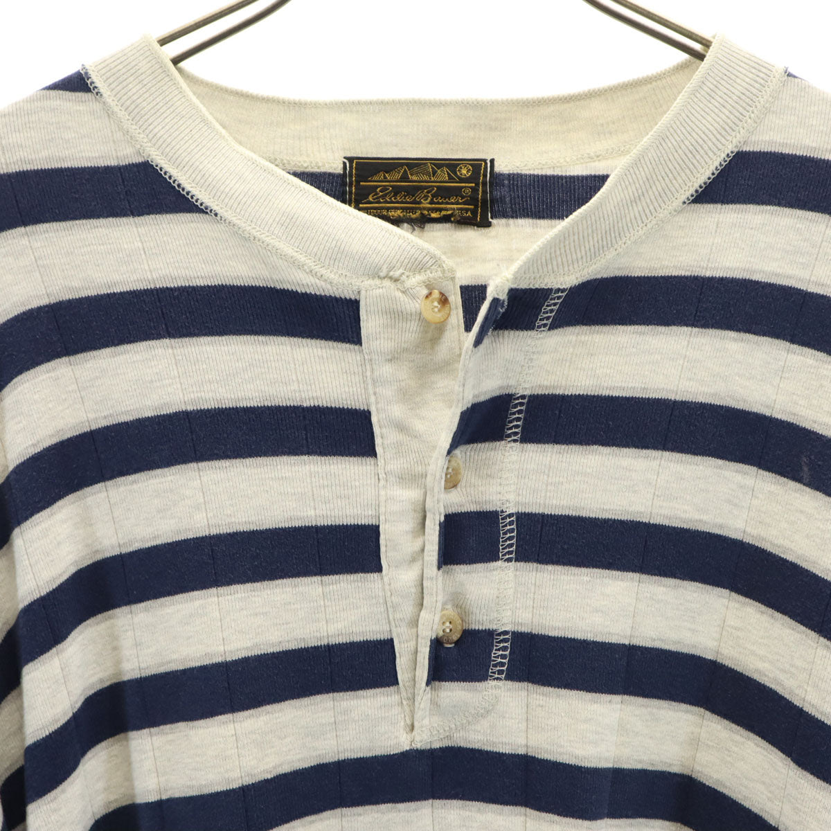 Eddie Bauer エディーバウアー 90s オールド 黒タグ ボーダー柄 長袖 ヘンリーネック カットソー グレー アウトドア メンズ