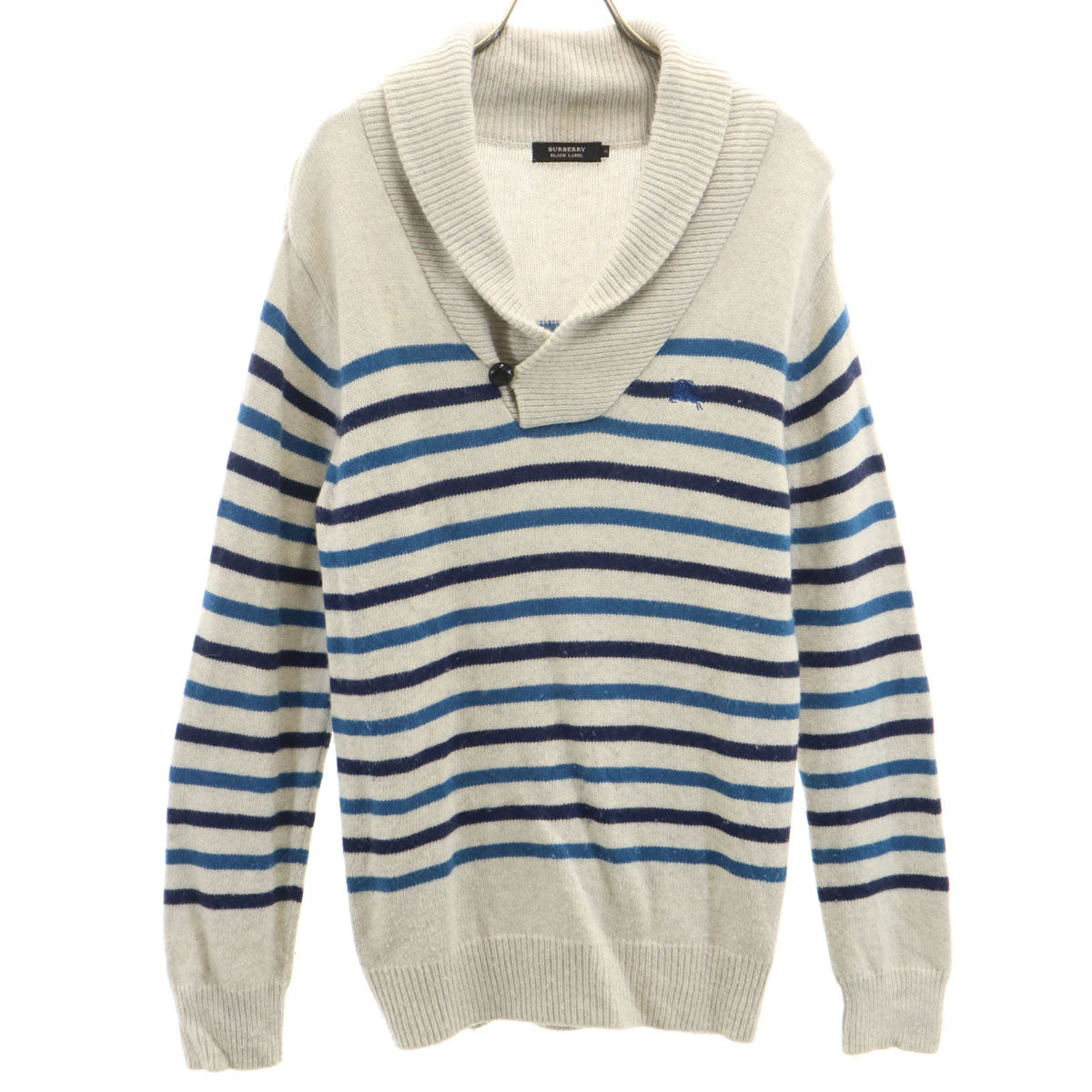 BURBERRY BLACK LABEL バーバリーブラックレーベル ボーダー柄 長袖 ショールカラー セーター 2 グレー 三陽商会 ニット レディース