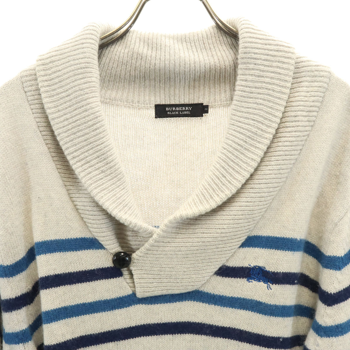 BURBERRY BLACK LABEL バーバリーブラックレーベル ボーダー柄 長袖 ショールカラー セーター 2 グレー 三陽商会 ニット レディース