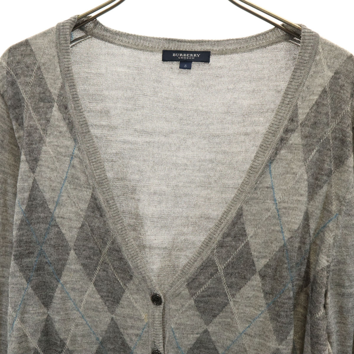 BURBERRY LONDON バーバリーロンドン シルクブレンド ダイヤ柄 長袖 Vネック カーディガン 5 グレー系 ニット レディース