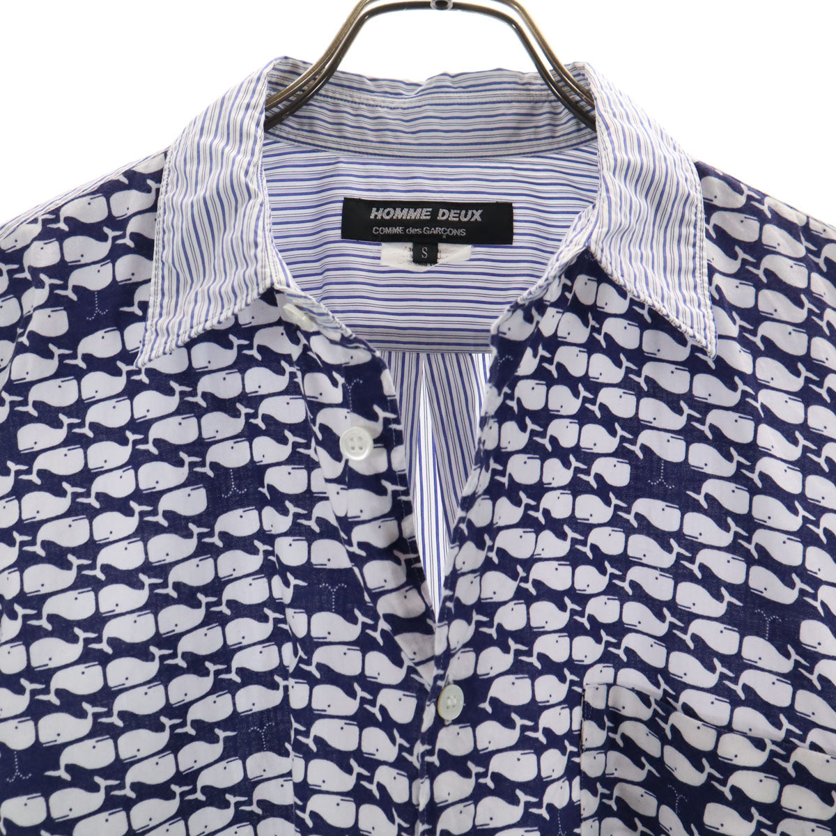 COMME des GARCONS HOMME DEUX コムデギャルソンオムドゥ 2014年 日本製 ストライプ柄 クジラ 長袖 コットンシャツ S ホワイト メンズ