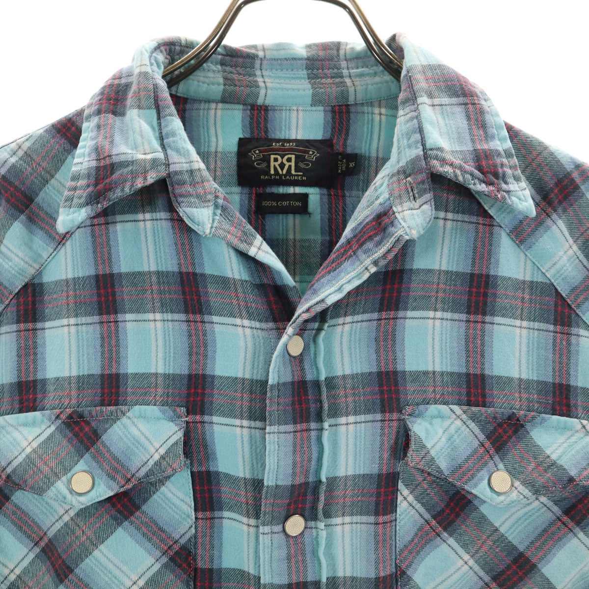 ダブルアールエル RRL チェック柄 長袖 ウエスタンシャツ XS 水色 メンズ