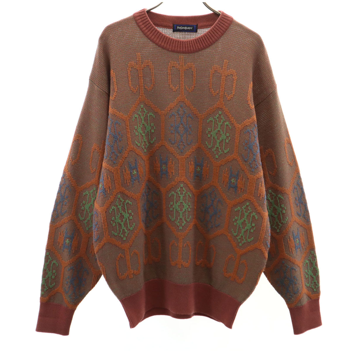 YVES SAINT LAURENT イヴサンローラン 90s オールド 総柄 長袖 セーター L ブラウン ニット メンズ