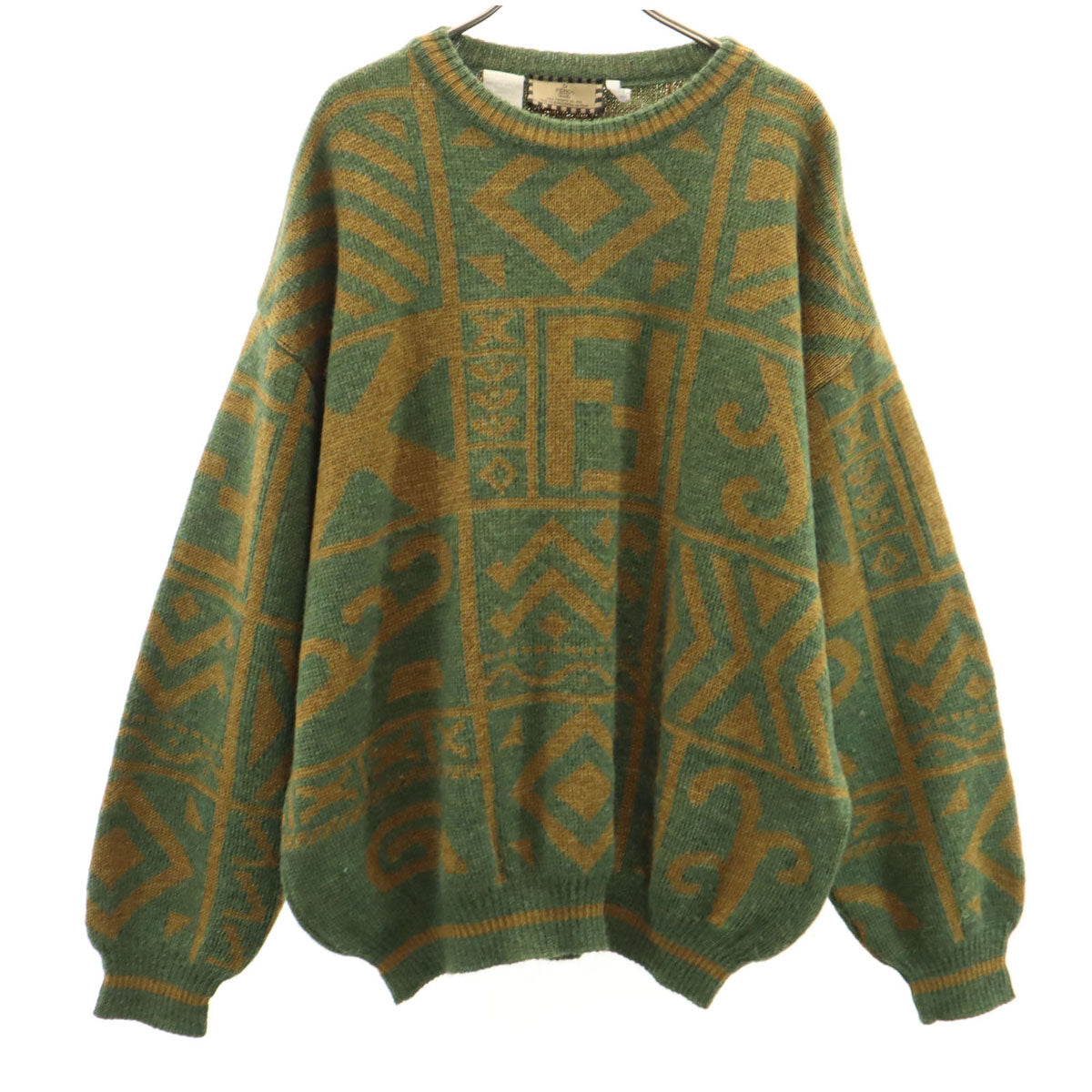 FENDI CLUB フェンディ クラブ 90s イタリア製 アルパカブレンド オールド 総柄 長袖 セーター L グリーン系 ニット メンズ