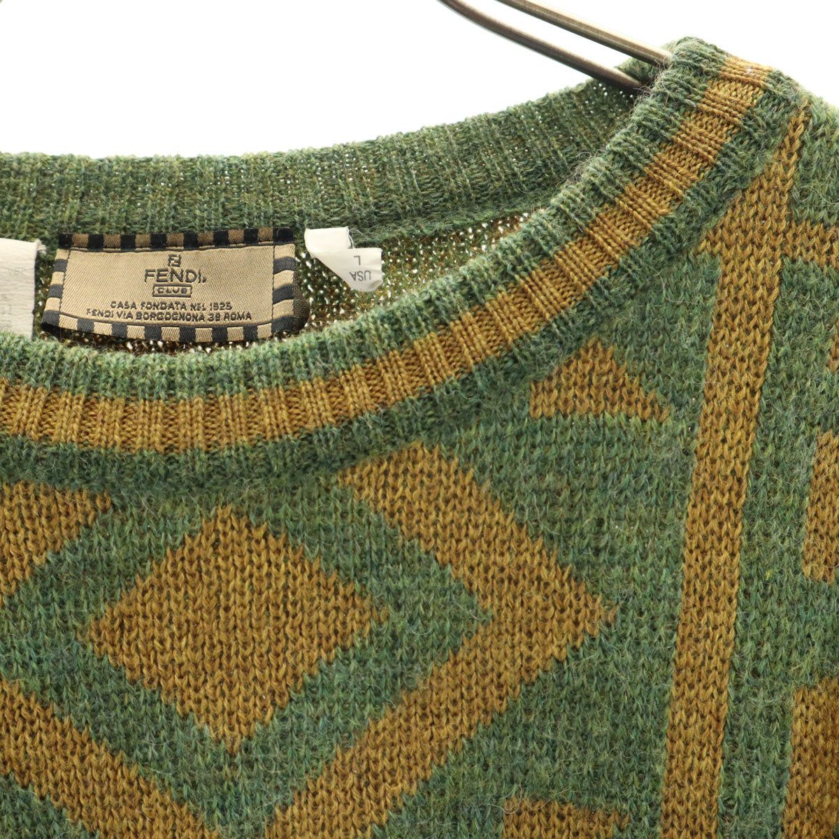 FENDI CLUB フェンディ クラブ 90s イタリア製 アルパカブレンド オールド 総柄 長袖 セーター L グリーン系 ニット メンズ