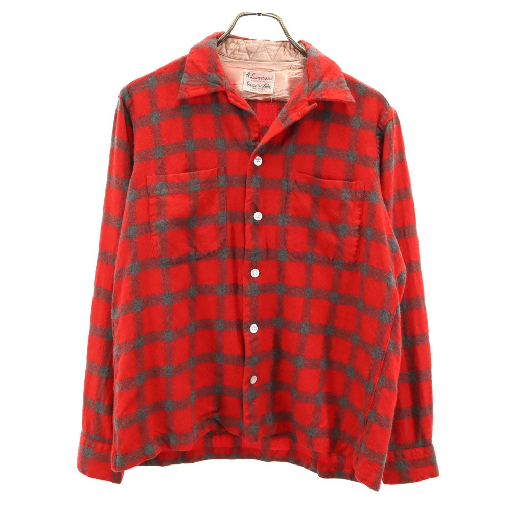 ゲームアンドレイク 50s ヴィンテージ 開襟 チェック柄 長袖 ボックスシルエット オープンカラー ウールシャツ M レッド メンズ