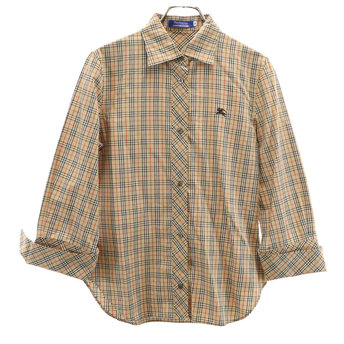 Burberrys OF LONDON BLUE LABEL バーバリーズ オブ ロンドン ブルーレーベル 90s オールド ノバチェック柄 7分袖 コットンシャツ 38 ベージュ 三陽商会 ダブルカフス レディース