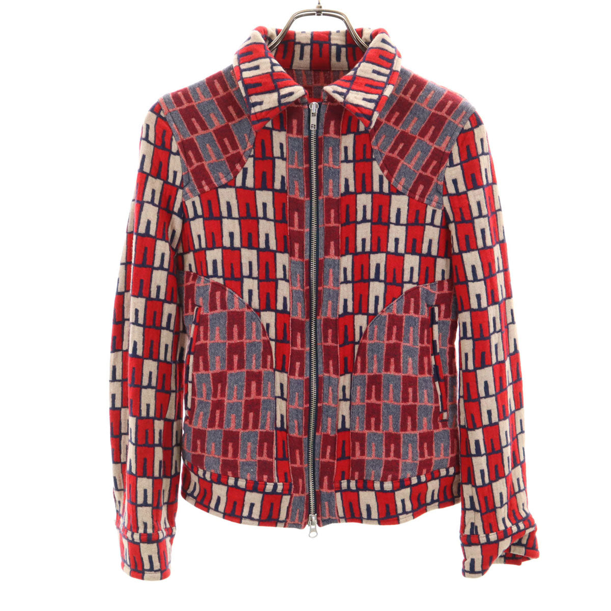 Y's ワイズ 日本製 総柄 ニットジャケット レッド レディース