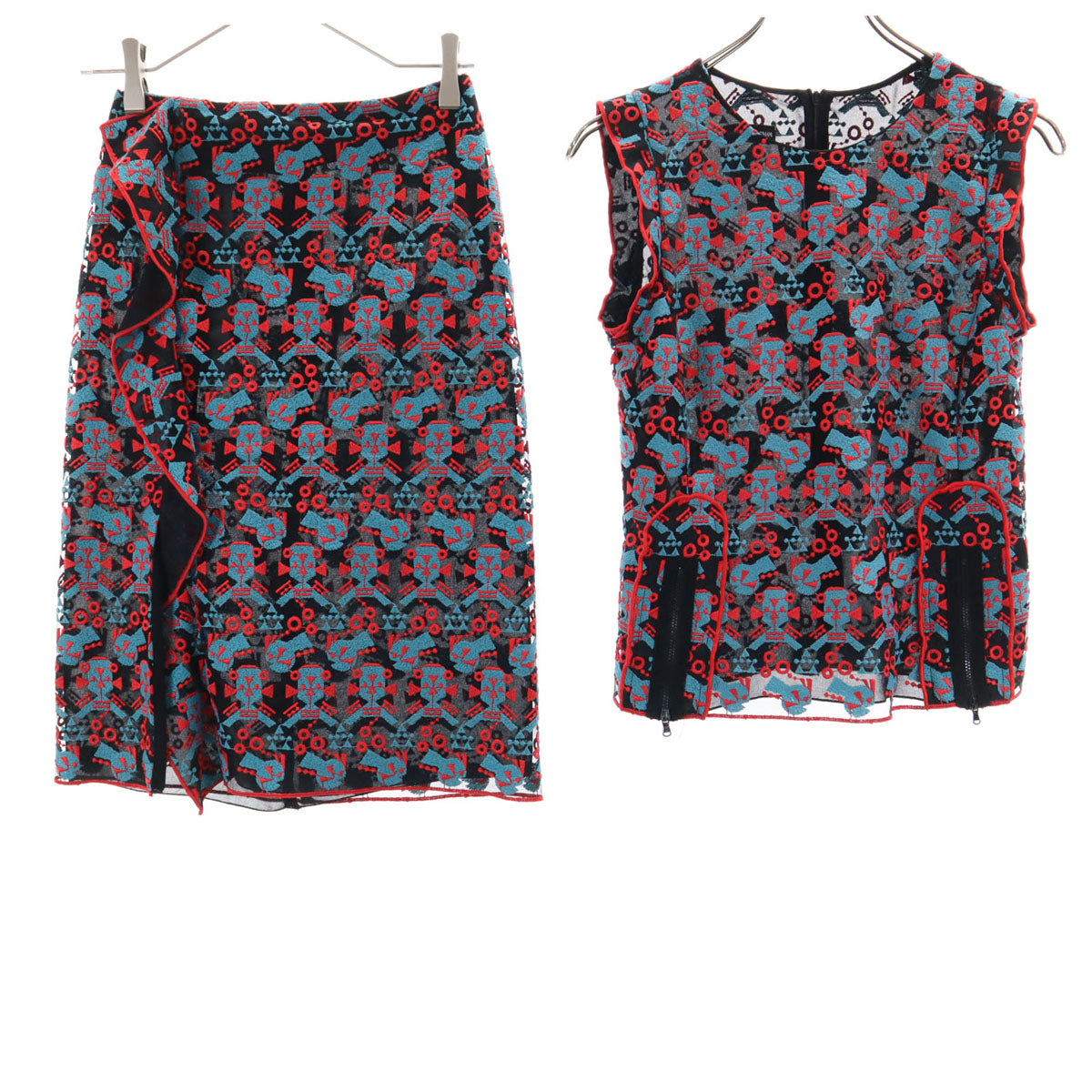 Emporio Armani エンポリオアルマーニ 総柄 ノースリーブ シアー ブラウス 上下 セットアップ 38 ブラック レディース