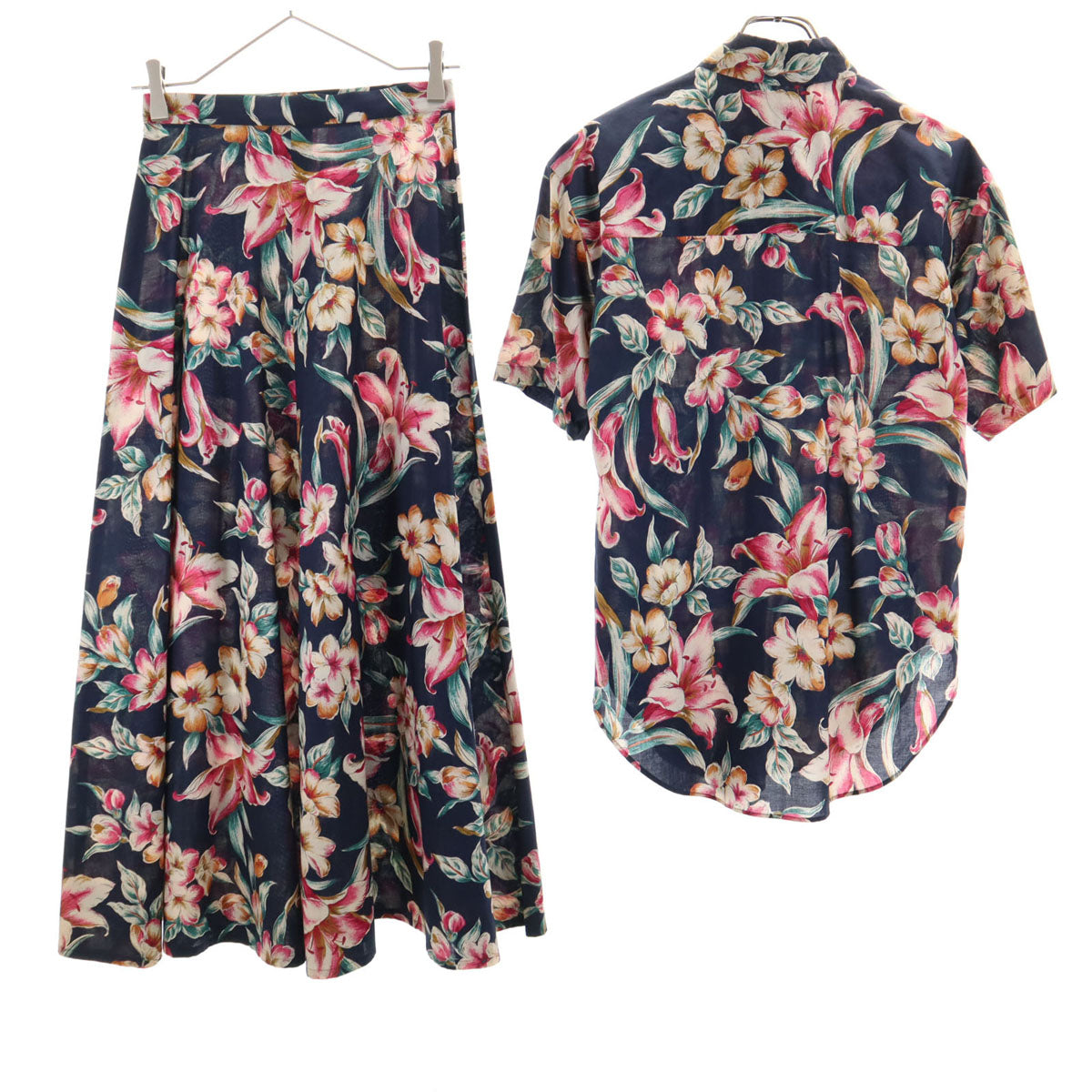 Norma Kamali ノーマカマリ 日本製 花柄 半袖 アロハシャツ 上下 セットアップ 9 ネイビー レディース