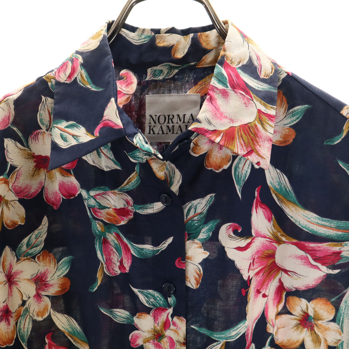 Norma Kamali ノーマカマリ 日本製 花柄 半袖 アロハシャツ 上下 セットアップ 9 ネイビー レディース