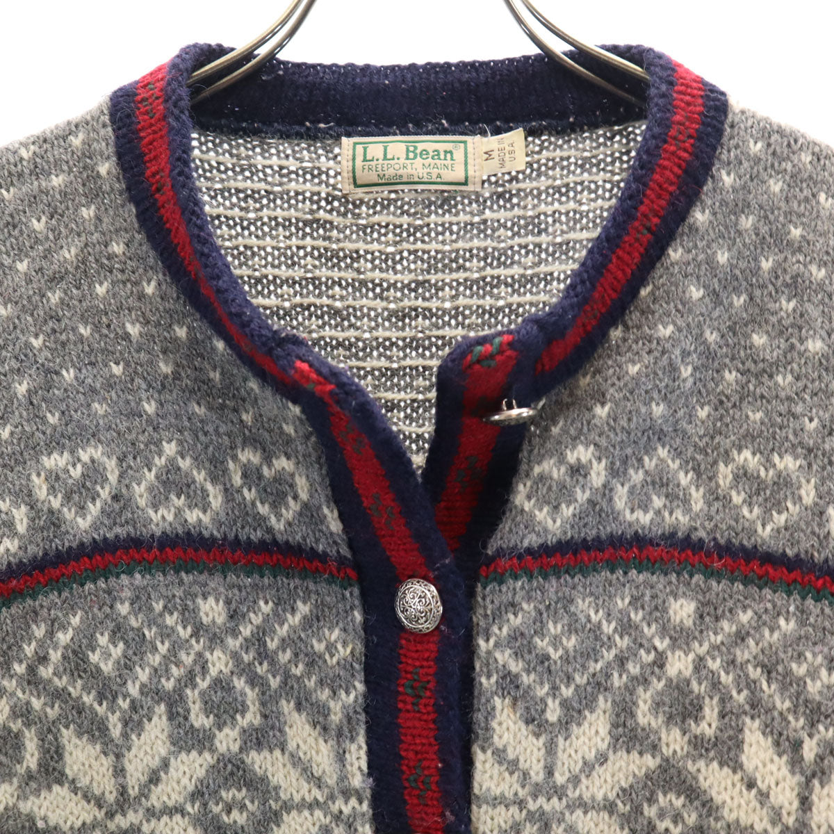 L.L.Bean エルエルビーン 80s USA製 ヴィンテージ ノルディック柄 長袖 ニットカーディガン M グレー アウトドア レディース