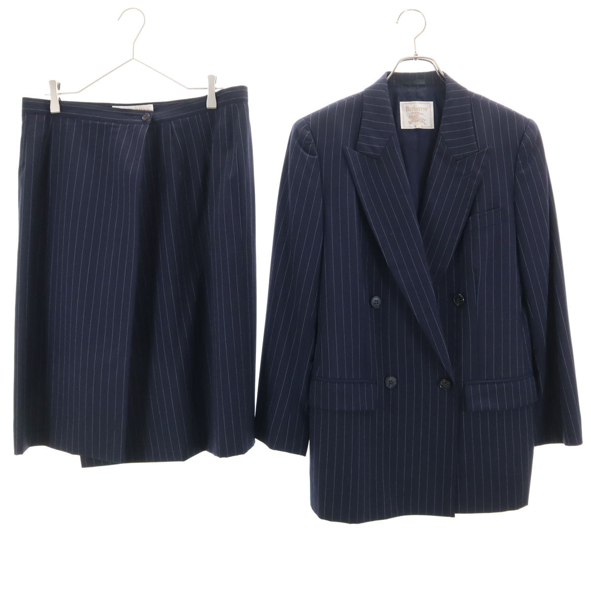 Burberrys バーバリーズ 90s ウール オールド ストライプ柄 スカートスーツ 上下 セットアップ 11 ネイビー ダブルボタン レディース