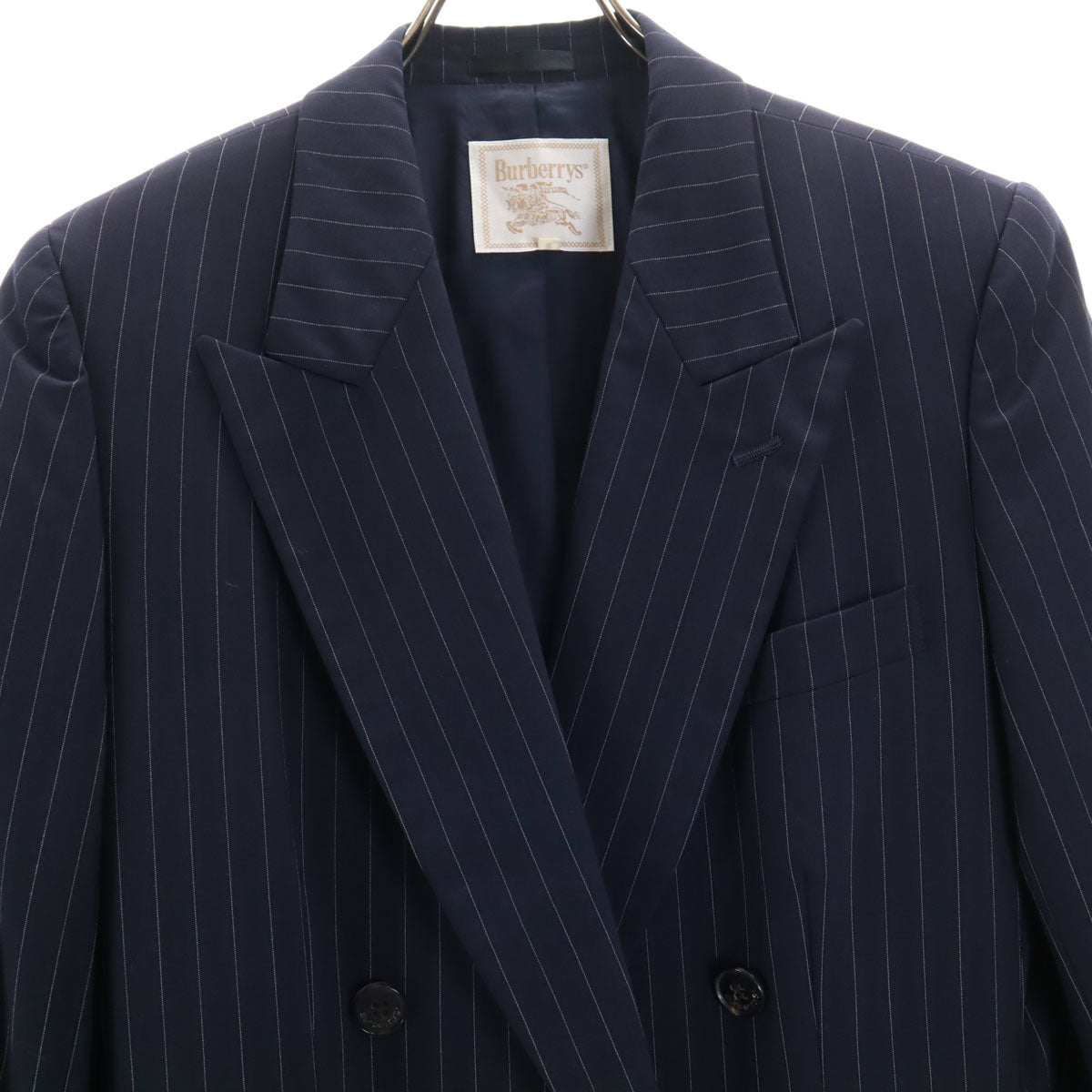 Burberrys バーバリーズ 90s ウール オールド ストライプ柄 スカートスーツ 上下 セットアップ 11 ネイビー ダブルボタン レディース