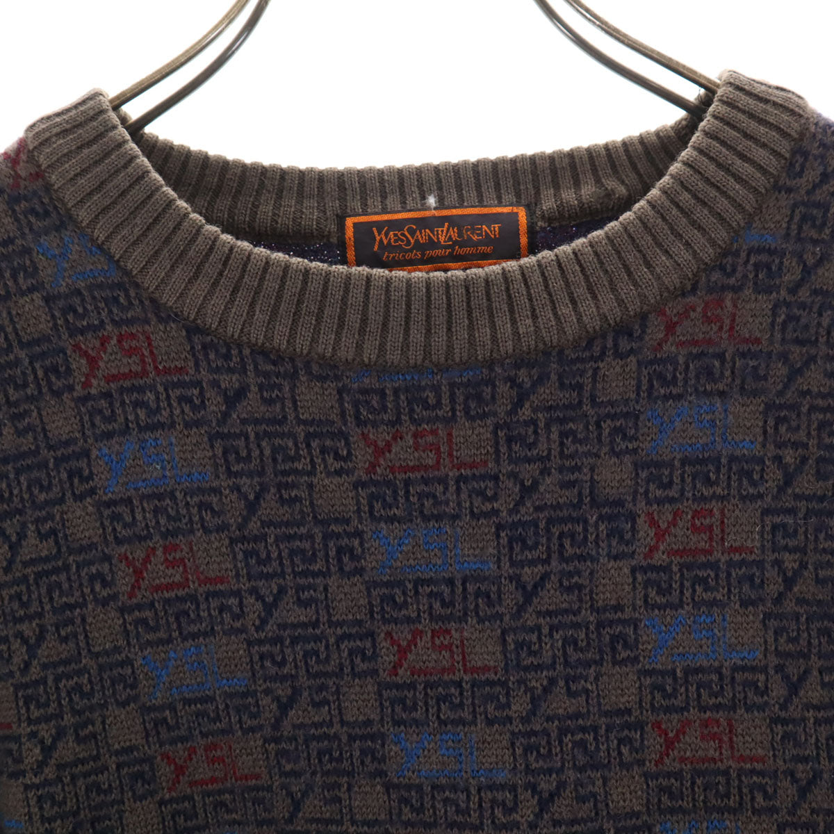 YVES SAINT LAURENT イヴサンローラン 90s ウール オールド 総柄 長袖 セーター S グレー系 ニット レディース