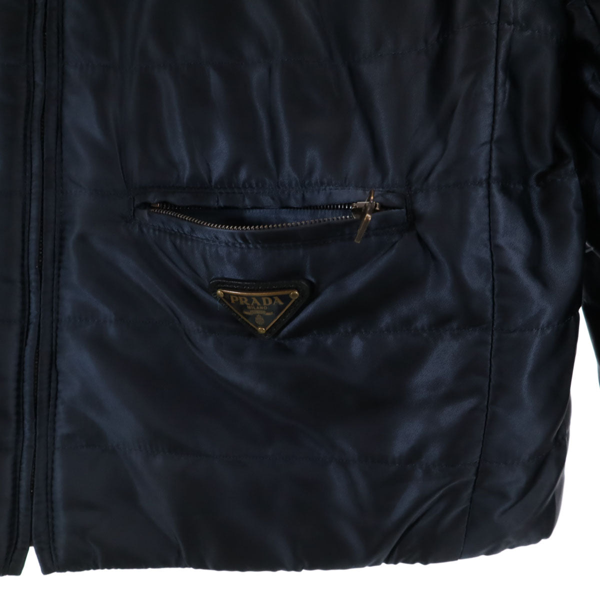 PRADA プラダ ブルガリア製 ノーカラー 中綿ジャケット 40 濃紺 レディース